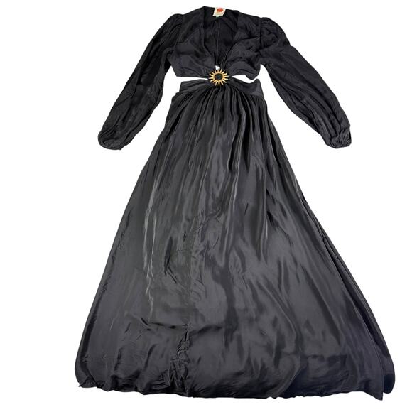Farm Rio Dress Womens Small Black Maxi Long Sleeve Gold Sun Cutout 100% Viscose - Picture 1 of 14